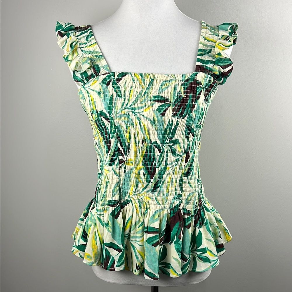 Torrid Tropical Peplum Crinkle Gauze Smocked Top Sz 00/M/L Cottagecore Resort